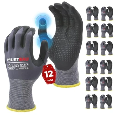 Imagen de Mustbau 12 Pares de Guantes Trabajo con Pantalla Táctil y Puntos Negros, Nitrilo Resistentes a la Abrasión Ventilados, Ideales para Trabajo, Jardinería, Mecánica, Construcción (Gris,L)