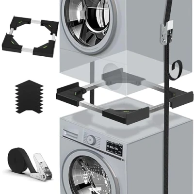 Imagen de Kit de apilamiento universal para lavadora y secadora, accesorios lavadora/secadora, con cuerda trinquete, accesorio tamaño ajustable (45 68 cm) (negro)