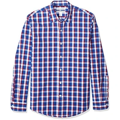 Imagen de Amazon Essentials Camisa de Popelín Manga Larga y Ajuste Entallado Hombre, Azul Claro Rojo Cuadros Escoceses, S
