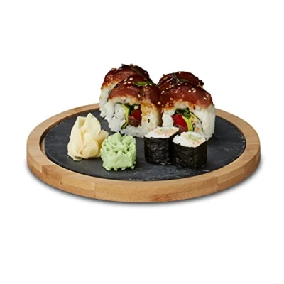 Imagen de relaxdays Tabla Cortar Redonda, Plato Pizarra Rústico, Bandeja Pequeña Tapas, Bambú, 1 Ud, 1,3 x 19,3 cm, Marrón