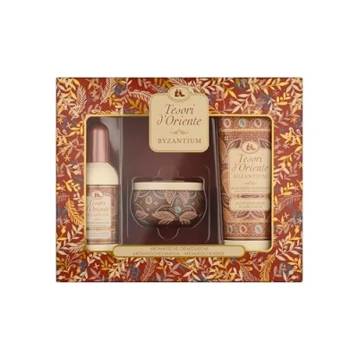 Imagen de TESORI D&#039;ORIENTE Set de regalo Bizantium (crema ducha 250 ml, EDT 100 ml y vela perfumada) con rosa negra ládano, rituales bienestar para cuerpo sentidos