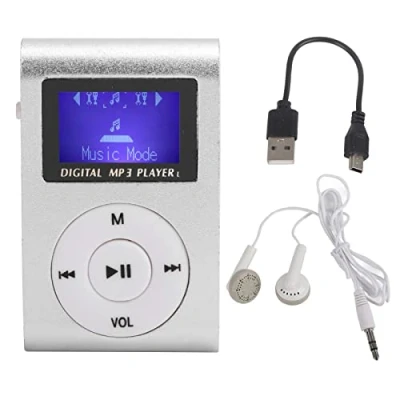 Imagen de Reproductor MP3, Mini de música MP3 portátil Pantalla LCD con Clip Trasero Deportivo Soporte para Tarjeta Memoria 32 GB Auriculares y Cable USB(Silver)