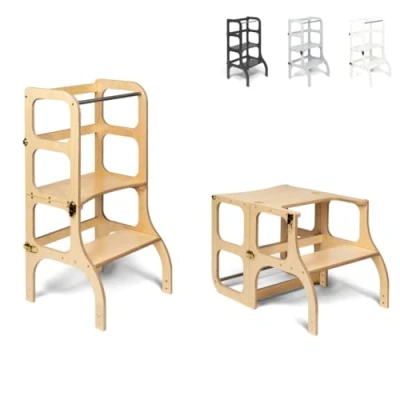 Imagen de Ette Tete STEP’n’SIT® Montessori Torre Mesa de Aprendizaje Convertible Multifuncional 2 en 1 (de madera, con cierres oro)