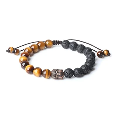 Imagen de COAI Pulsera Unisex Ajustable con Cuentas de Piedra Lava y Ojo Tigre Amuleto Cabeza Buda