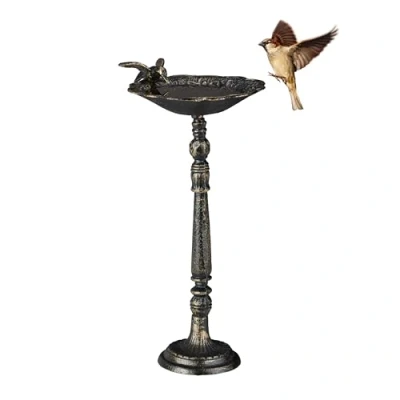 Imagen de Relaxdays Bebedero Pájaros Hierro Fundido, de Pie, Baño Aves Estilo Retro, Bañera Gorriones Exterior, 40 cm Alto, Bronce