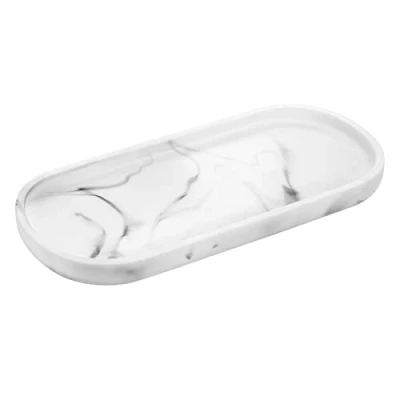 Imagen de Luxspire Bandeja Elíptico de Resina Cuarto Baño, Joyería, Decoración Hogar, Salón y Dormitorio, Plato Organizador para Velas, Jabón, Toalla, Planta, 24,5 * 11.3 1.8 CM Blanco Mármol