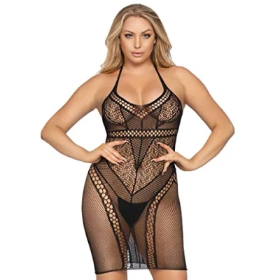 Imagen de Leg Avenue Multi Net Halter Negligee, Black, One Size para Mujer