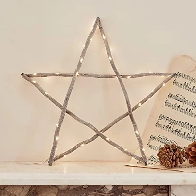 Imagen de Lights4fun Decoración de Navidad Estrella en Madera Gris con LED Blancos Cálidos a Pilas para Interiores