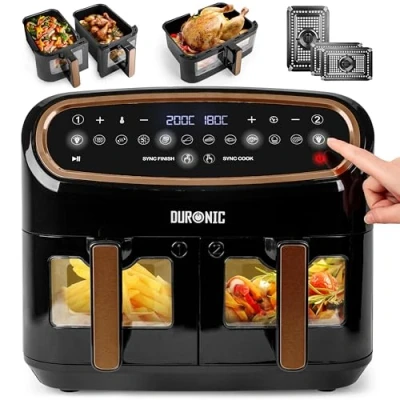 Imagen de Duronic AF34 BG Freidora de aire sin aceite 2400 W Air Fryer 2 Cestas 5L + 1 cesta 10L con Ventana Airfryer 10 programas Pantalla táctil antiadherentes Fácil limpiar 50 200º