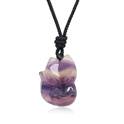 Imagen de COAI Collar Ajustable con Colgante Amuleto Zorro de Fluorita Piedra Natural para Hombre y Mujer