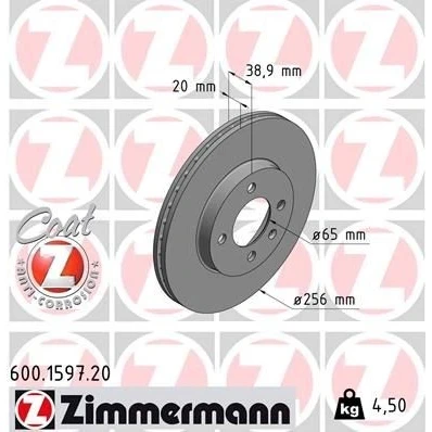 Imagen de ZIMMERMANN COAT Z 600.1597.20 Disco de freno 256 20 5/4 4 100 ventilación interna revestido VOLKSWAGEN: GOLF 3, 2, Polo III Hatchback