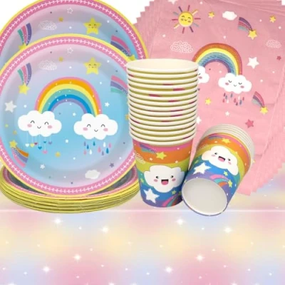 Imagen de Doyomtoy Vajilla para Fiesta de Arco Iris,61 Piezas Temática Niñas Decoraciones Cumpleaño Iris Platos Tazas Servilletas Suministros