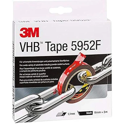 Imagen de 3M VHB Cinta Adhesiva 5952F óptima adhesión a la mayoría de las pinturas en polvo, metales, vidrio, madera sellada, acrílico, policarbonato, ABS 19 mm X 3 m, negro, espesor: 1.1mm (1 unidad)