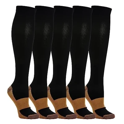 Imagen de 5 Pares Calcetines/ Medias de Compresión para Hombres y Mujeres, Running, Deporte, Correr, Senderismo, Volar, Viajar, Varicosas, Embarazo Médicos (Negro&amp;Marrón, S M)