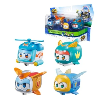 Imagen de Super Wings Pet 4 Pack Shine, Golden Boy, Jerome, Ellie,con expresión Facial conmutable, con Efecto Flash, portátil, Juguetes para niños y niñas de 3 5 6 7 8 años, 2 Inch