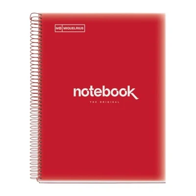 Imagen de Miquelrius Cuaderno A4 Notebook Emotions, 80 Hojas 90 g/m², Cuadrícula 5 x mm, 1 Franja de Color, Espiral Microperforado, Tapa Polipropileno, 4 Taladros, Color Rojo