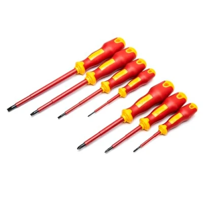 Imagen de SATA ST09303 Juego de Destornilladores para Electricistas con Aislamiento VDE Mangos Rojos y Amarillos Hojas Acero Aleación Probadas a 10.000 Voltios, 7 Piezas