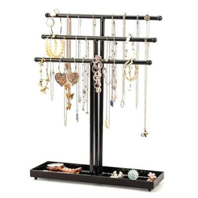 Imagen de BELLE VOUS Organizador de Joyas Metal Negro 3 Niveles con Bandeja Base Almacenamiento Colgador Collares Sobremesa Porta para Collares, Brazaletes, Anillos, Relojes y Pendientes