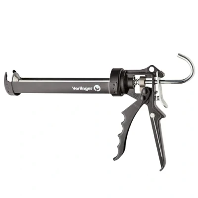 Imagen de VERLINGER Pistola De Silicona Para Sellado Calafateo Aplicador Prensa Cartuchos Acrílico Y Adhesivos Relación Empuje 18 1 Sin Goteo Acero Aluminio Negro Pro