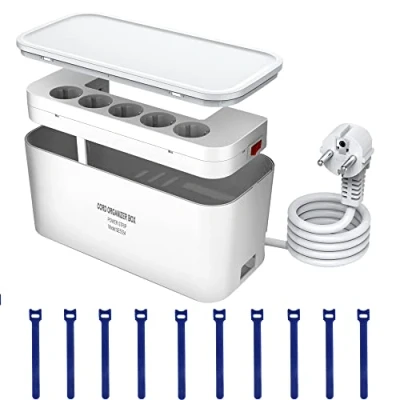 Imagen de Regletas Enchufes con Caja Organizadora de Cables, USB 5 Tomas y 3 USB, Regleta Proteccion Sobretension (2500W) Interruptor, 2M Cable, 29.5 * 14 14.1CM, Blanco