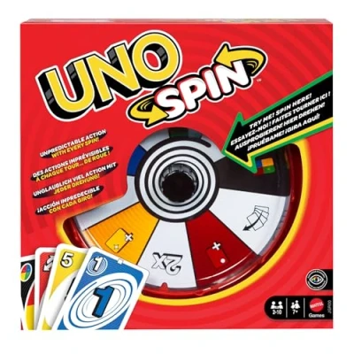 Imagen de Mattel Games UNO Spin juego de cartas para niños, adultos y noches en familia, clásico con ruleta nuevas reglas desafíos, actividad días lluvia, JGR00