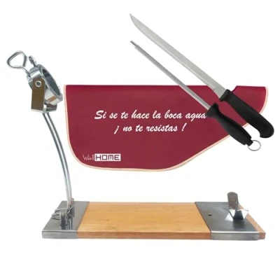 Imagen de Well Home jamonero IBERIA Luxe en madera y acero inox + Set de cuchillo (25cm) Chaira (21cm) Funda para Jamón &#039;Tiberic&#039; Burdeos