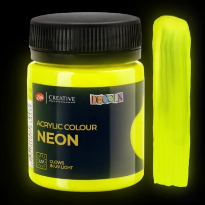 Imagen de Decola Nevskaya Palitra pintura textil fluorescente amarilla 50 ml de para tela lavable color neón acrílico con efecto brillante bajo luz negra (luz UV) calidad