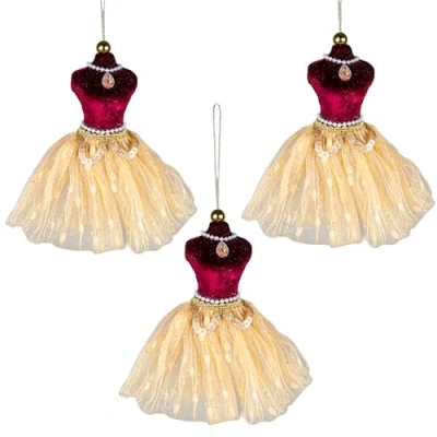 Imagen de 3 Figuras de Disfraz Bailarina borgoña y Dorado, 15 cm, Decoraciones Colgantes para árbol Navidad, Adornos Decorativos Festivos, Colgante Navidad con temática Cuento Hadas