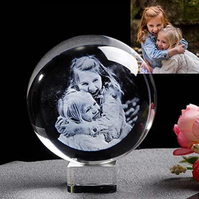 Imagen de xingfa Bola de fotos cristal personalizada, grabador láser, globo vidrio para decoración del hogar, esfera regalo cumpleaños (con base cristal, 8 cm)