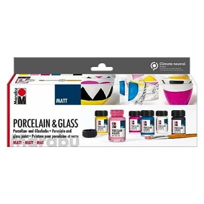 Imagen de Marabu 1116000000087 Porcelana Starter Set Mate al Agua para y Vidrio, Apta lavavajillas sin Hornear, 6 x 15 ml de Pintura Pinceles, Multicolor, One Size
