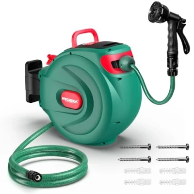Imagen de HYCHIKA Enrollador Manguera Jardin 30M Carrete Retráctil para Pared, Bloqueo Automático, Pistola 8 Funciones, Caja Giratoria 180, Almacenaje Seguro Riego Exterior