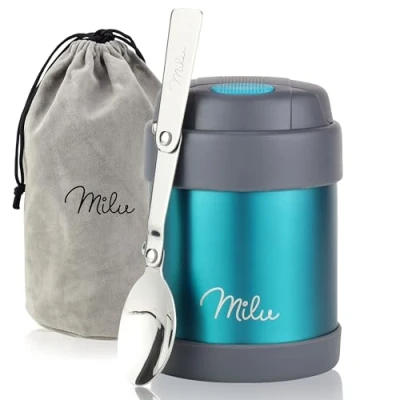 Imagen de Milu Termo para comida 300 ml niños Recipiente aislante de acero inoxidable Fiambrera Tarro con cuchara caliente y fría (Verde, 300ml)