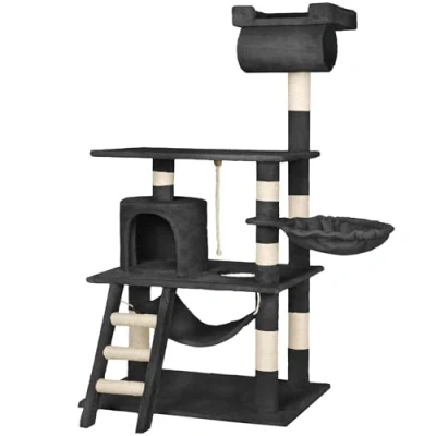 Imagen de tectake® arbol rascador para Gatos, sisal Resistente, casa 1 Nido Giratorio, Hamaca, Sistema antivuelco, Poste Cama de Gato, Juguetes Gatos 141 cm Alto Negro