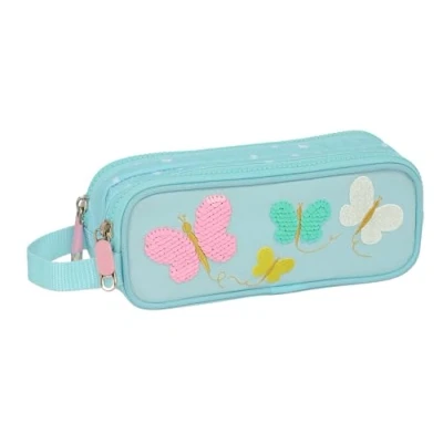 Imagen de Safta Moos Butterflies Portatodo Doble, Tejido Reciclable, Estuche Infantil, Niño, Ideal para Niños en Edad Escolar, Cómodo y Versátil, Calidad Resistencia, 21x6x8 cm, Color Azul Claro