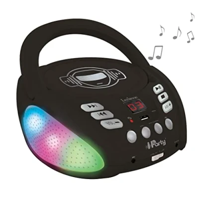 Imagen de Lexibook RCD109BK iParty Lector de CD Bluetooth Portátil, Efectos Multicolores, Entrada para micrófono, AUX IN, AC o Funciona con batería, Niños, Negro, RCD109BK, Color