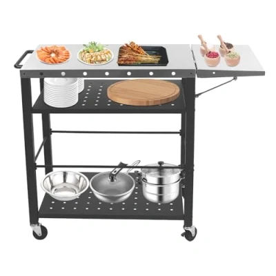 Imagen de OMGGYER mesa de barbacoa portátil para exteriores, barbacoa, auxiliar, jardín, plegable, carrito servir, acero inoxidable, multifuncional con ruedas terraza