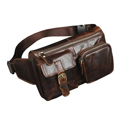 Imagen de Xieben Vintage Fanny Pack de Cuero Bolso La Cintura para Hombres Mujeres Viajes Senderismo Correr Cadera Cinturón Delgado Teléfono Celular Monedero Billetera Bolsa Café