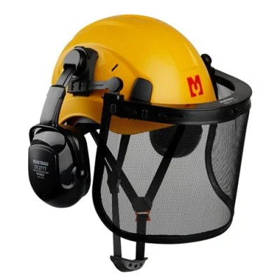 Imagen de Mustbau Casco de Seguridad para Motosierra, Protección con Orejeras y Visera Malla, 53 a 63cm Diadema Ajustable Adecuado Silvicultura, Obras, Trabajo Amarillo