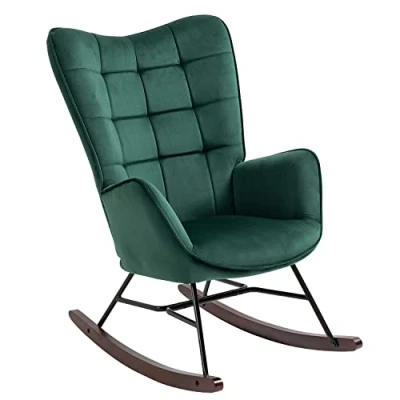 Imagen de MEUBLE COSY Silla Mecedora con reposabrazos y Asiento Acolchado para salón, Dormitorio, Estructura de Metal Base Madera, Terciopelo, Color Verde, 66x84x97 cm