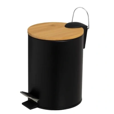 Imagen de Papelera de Baño Metal con Tapa Bambú 3 Litros, Cubo Basura y Pedal (Negro)