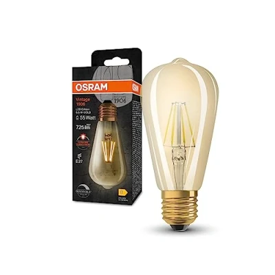 Imagen de OSRAM VINTAGE 1906 Lámpara LED de filamento dorado hecha vidrio en forma Edison, enchufe E27, 725 lúmenes, reemplazo 55W, blanco tibio (2400k), dimmable