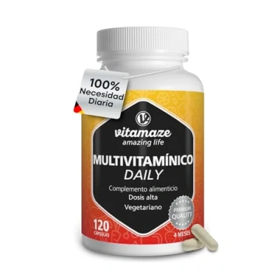 Imagen de Multivitaminas Completo en Dosis Altas, 13 Vitaminas A, B, C, D, E, K, sin Yodo, 120 Cápsulas Vegetales para 4 Meses, Suplemento Aditivos Innecesarios, Calidad Alemana