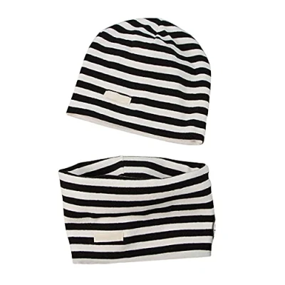 Imagen de LACOFIA Conjunto de Sombrero y Bufanda Cuello para bebé ninos Ninas Gorro algodón Recien Nacido Sombreros Punto pañuelos Infantiles Raya Negra 3 7 años