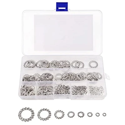 Imagen de Belle Vous Kit Arandelas de Acero Inoxidable 304 con Dientes (300 Piezas) Variedad Tamaños M2,5 / M3 M4 M5 M6 M8 M10 M12 Arandela Seguridad Externa Bloqueo Rápido