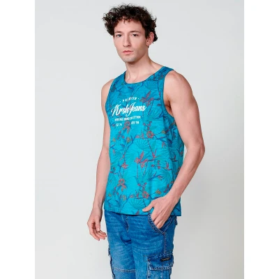 Imagen de Camiseta Sin Mangas de Algodón. Cuello Redondo. Estampado Tropical. Color Menta para Hombre
