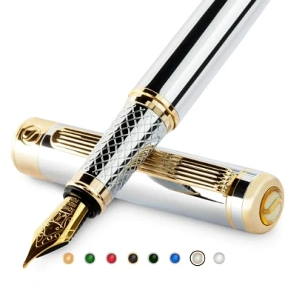 Imagen de Scriveiner pluma estilográfica cromada plateada Fantástico bolígrafo con acabado en oro de 24 quilates, 18 quilates (media), ideal para hombres y mujeres, profesionales, directores,