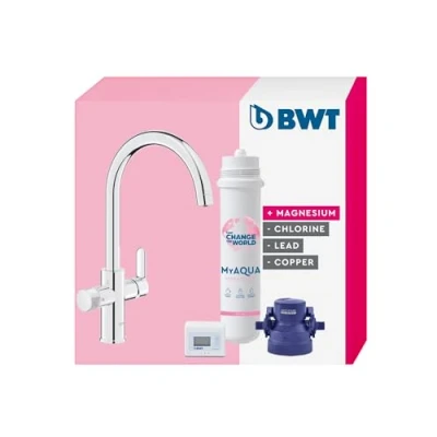 Imagen de BWT AQA drink Pure 2.0 Mineralizer Mezclador de cocina cromado con caño C extraíble, Pulverizador enjuague rotativo Magnesio