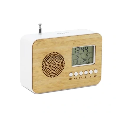 Imagen de mooov 477320 Radio Reloj Despertador Digital a Pilas, bambú, con Pantalla de Temperatura Interior, sintonizador FM, función autoapagado