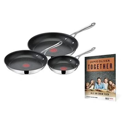 Imagen de Tefal E304S3.TOG Jamie Oliver Cook&#039;s Direct On Juego de 3 sartenes + folleto con 10 recetas 20, 24 y 28 cm, apto para inducción, lavavajillas, señal térmica acero inoxidable
