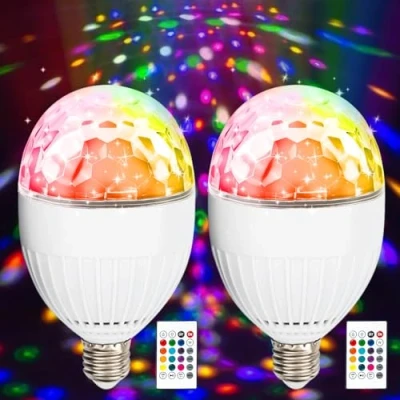 Imagen de 2x Bolas de Discoteca LED RGB E27 5W, Bombilla Giratoria 360, Luz para Fiestas con Control Remoto, Fuente Decoración Cumpleaños
